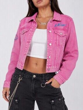 LA Gear x Forever 21 Pink Acid Wash Denim Jacket Y2K Cropped Logo M